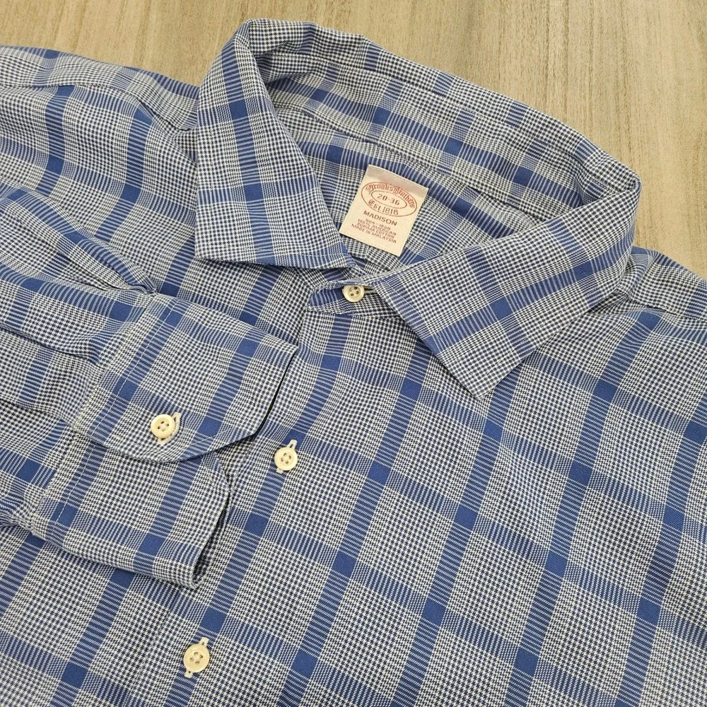 Brooks Brothers‎ Madison Dress Shirt Mens 20-36 Blue White Plaid Non-Iron Cotton